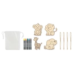 A craft kit containing wooden animal shapes, coloured markers, and string, all in a white drawstring bag.