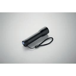 A black flashlight with a wrist strap, featuring a simple cylindrical design and a blue light at the end.