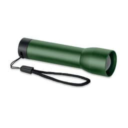 A green flashlight with a black end and a wrist strap. It features a smooth cylindrical design.
