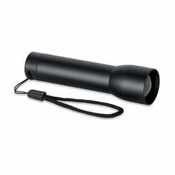 A black flashlight with a textured grip and a lanyard attached, designed for portability.
