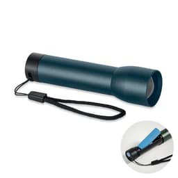 A drink bottle in dark blue with a black top and wrist strap, featuring a logo on the side.