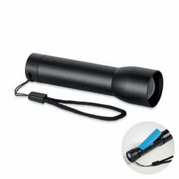 A black flashlight with a lanyard, featuring a blue accent near the base.