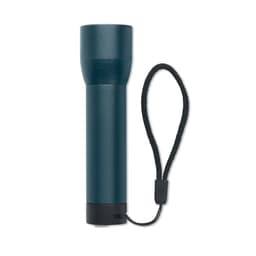 A drink bottle in dark blue with a textured finish and a black wrist strap attached. It features a logo.
