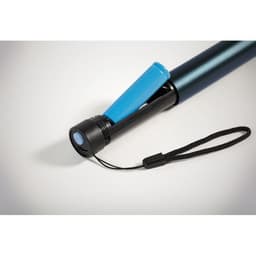 A drink bottle in shades of blue and black with a cap and a lanyard attachment. It features a logo.