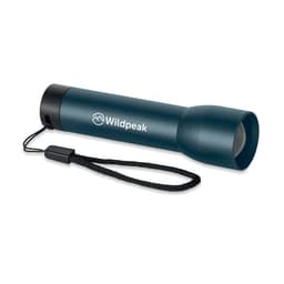 A blue flashlight with a black strap, featuring a logo on the side.