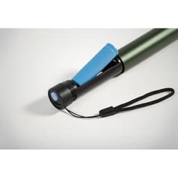 A drink bottle in green and black with a blue cap and a wrist strap. It features a logo on the body.