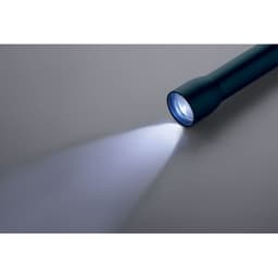 A blue flashlight projecting a bright beam of light against a grey background. It features a simple design and a logo.