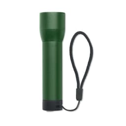 A green flashlight with a textured body and a wrist strap for portability.