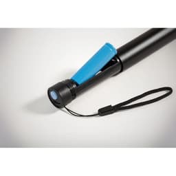 A black drink bottle featuring a blue lid and a wrist strap, with a logo on the side.