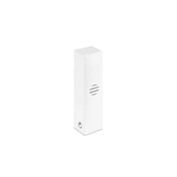 A drink bottle in a sleek white design with a minimalistic logo and a round spout at the base.
