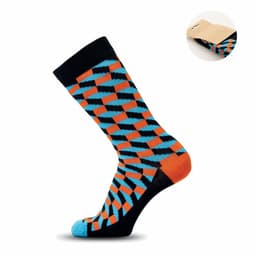 A pair of brightly coloured socks featuring an abstract pattern in orange, blue, and black. The design includes geometric shapes.