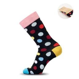 A sock with a black background and multicoloured polka dots, featuring pink, yellow, and blue accents.