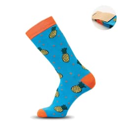 A blue sock featuring pineapple patterns and orange accents. It has a logo on the packaging visible in the corner.