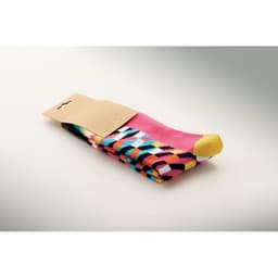 A pair of socks featuring bright pink, blue, yellow, and black patterns, with a packaging tag attached.
