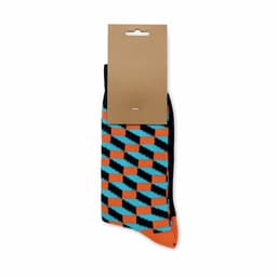 A pair of socks featuring a vibrant geometric pattern in black, orange, and teal, packaged with a cardboard tag.