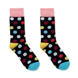 Colourful socks featuring a black background with multicoloured polka dots and contrasting cuffs in pink, yellow, and blue.