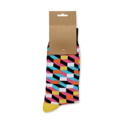 A pair of multi-coloured socks with a geometric pattern, displayed on a cardboard tag.