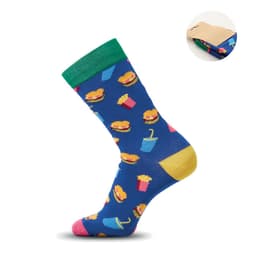 A pair of blue socks featuring colourful burger, fries, and drink patterns, with green, pink, and yellow accents.