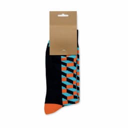 A sock featuring a geometric pattern in black, turquoise, and orange, with a cardboard tag attached.