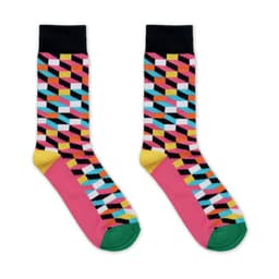 A pair of socks featuring a vibrant geometric pattern in pink, black, yellow, mint, and blue, with contrasting black cuffs.