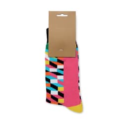 A pair of colourful socks featuring a geometric design, with multiple vibrant colours and a cardboard tag attached.