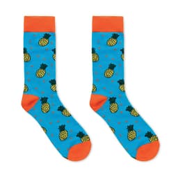 A pair of blue socks featuring a pineapple pattern with orange cuffs and soles.
