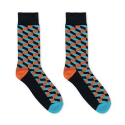 A pair of socks featuring an abstract pattern in black, orange, and blue. They have a solid black cuff and toe.