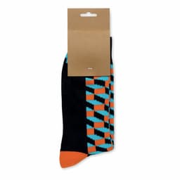 A pair of colourful socks featuring a geometric pattern in black, turquoise, and orange, packaged with a simple tag.