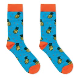 Colourful socks featuring a blue background, orange cuffs, and a pineapple pattern. Includes a branding logo.
