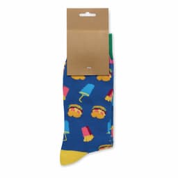 A pair of blue socks featuring a colourful ice cream and popsicle pattern, with a green and yellow trim.
