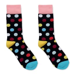 A pair of black socks featuring colourful polka dots in red, blue, white, and yellow, with pink cuffs and blue toes.