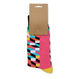 A pair of brightly coloured socks featuring geometric patterns, displayed with a cardboard tag.