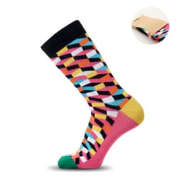 A sock with a vibrant geometric pattern in pink, yellow, black, blue, and green colours. It features a logo on the cuff.
