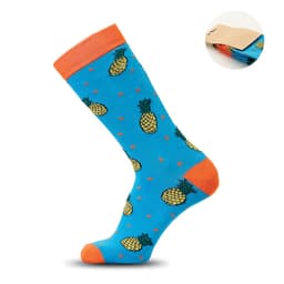 Bright blue socks featuring a playful pineapple pattern, accented with orange around the top and on the sole.