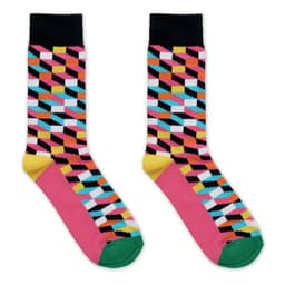 A pair of vibrant socks featuring a geometric pattern in pink, black, yellow, turquoise, and orange, with a logo on the cuff.