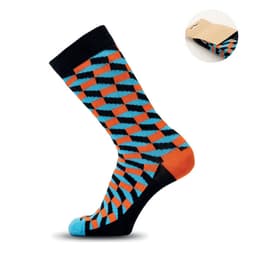 A pair of patterned socks featuring orange, blue, and black geometric designs, with a tag attached.