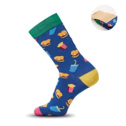 A pair of blue socks featuring colourful designs of burgers, fries, and drinks, with green, pink, and yellow accents.