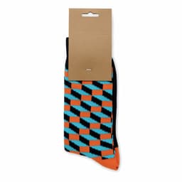 A pair of patterned socks in black, orange, and blue, packaged with a cardboard tag.