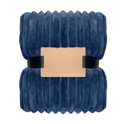 A plush, navy blue throw blanket neatly folded and secured with a black band. The blanket has a soft, textured surface.