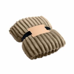 A soft, beige blanket with a ribbed texture, secured with a black band for packaging.