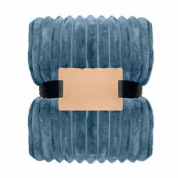 A plush blue blanket neatly folded and secured with a black band, featuring a blank label in the centre.