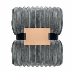 A plush grey throw blanket with a ribbed texture, secured with a black band. The blanket has a plain label in the centre.
