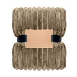 A plush, rectangular blanket in a soft tan colour, wrapped with a simple band. It features a textured, ribbed design.