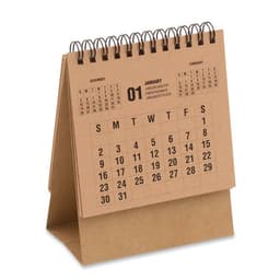A tabletop calendar with spiral binding, featuring a brown cardboard design and monthly views for December, January, and February.