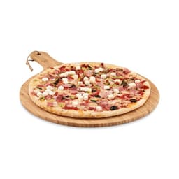 A pizza topped with various meats, olives, and small pieces of cheese, presented on a wooden pizza board.