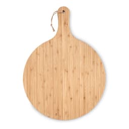 A round bamboo serving board featuring a handle and a twine loop for hanging.