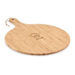 A round wooden serving board made from bamboo with a handle and a logo engraved on the surface.