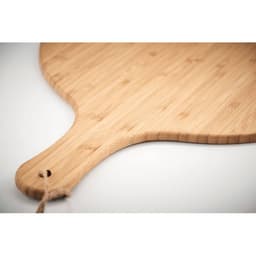 A wooden serving board with a rounded shape and handle, featuring a natural bamboo finish.