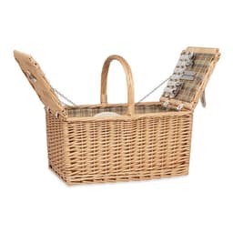 A wicker picnic basket with a lid that opens from both sides, featuring a lined interior and elegant details.