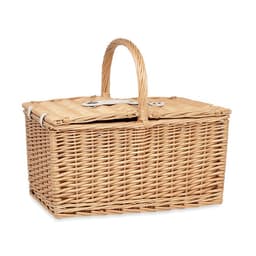 A wicker picnic basket with a woven design and a sturdy handle, featuring a secured lid.